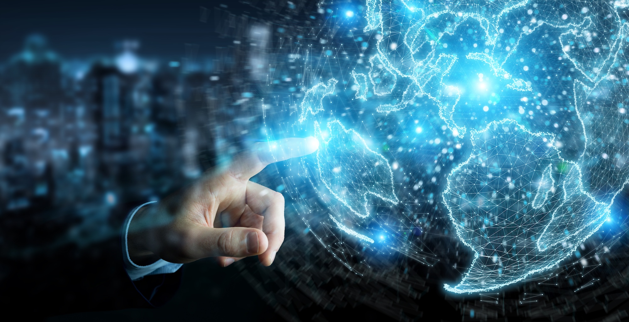 Businessman,On,Blurred,Background,Using,Globe,Network,Hologram,With,America